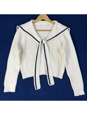 Y2K Rib Knit Sailor Collar Cardigan Cream Tie Front Cropped Sweater WomenM Boho